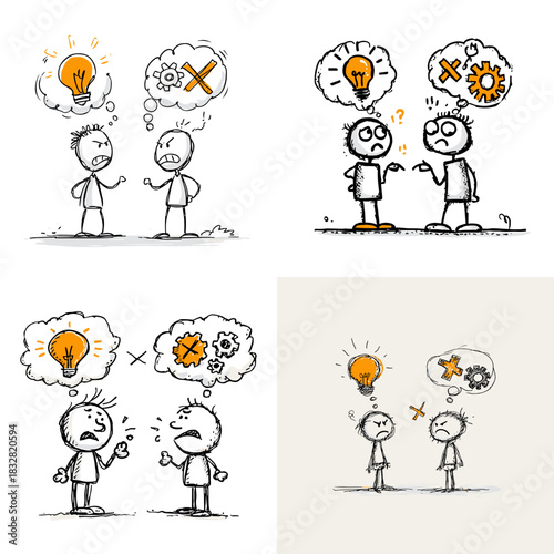 Business doodle illustration showing disagreement between two people with conflicting ideas symbolizing misunderstanding communication problem teamwork challenge and conflict resolution concept.
