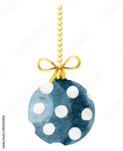 Watercolor holiday ornament.  Tree blue ornament with white dots and gold bow isolated on  white background. New years ball.
