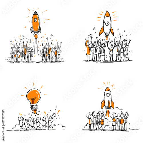 Creative teamwork illustration showing people celebrating a rocket launch symbolizing innovation success startup growth and collective achievement in business or project development.