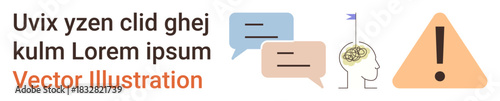 Communication, collaboration, warning signs, brainstorming, awareness, and safety concepts. Speech bubbles, a mind with gears and an exclamation mark symbol. Communication and collaboration concept