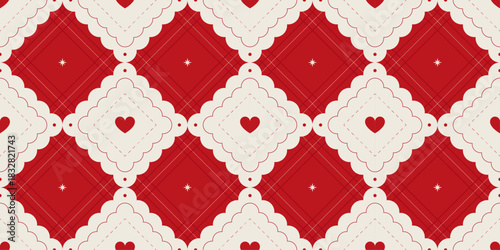 Coquette seamless pattern with cute lace and red hearts. Vintage gift wrapping paper for Valentine, Christmas and birthday. Diamond shaped preppy background. Vector illustration