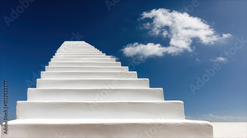 White stairs ascending into a bright blue sky with fluffy clouds. These stairs represent a journey towards a higher power and spiritual enlightenment, leading to a place of peace and serenity