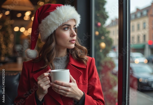 A woman in a red coat and Santa hat looks out a window while holding a white cup, appearing thoughtful.
