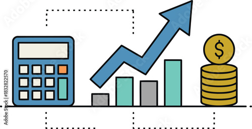 Visualize financial growth with a calculator bar chart and stacked dollar coins representing investment success