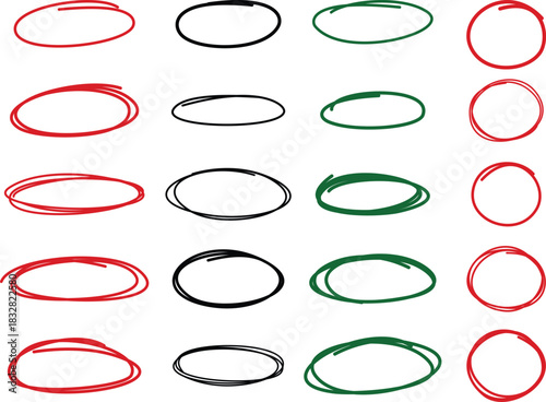Hand drawn highlight circle frames with red, black and green color 