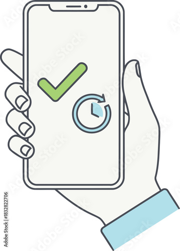 Hand holds a phone with a checkmark and refresh icon indicating a successful process completion