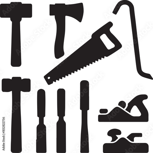 Carpentry Heavy Tools Geometry Silhouette Icon Set.eps