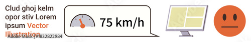 Data analysis, user interface, speed measurement, emoticon expressions, modern technology, digital feedback. Speedometer reading 75 kmh next to a computer monitor and emoticon. Data analysis and user