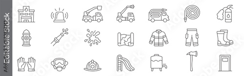 Firefighter and fire safety line icon set – editable outline symbols of fire station, truck, hose, hydrant, uniform, helmet and extinguisher
