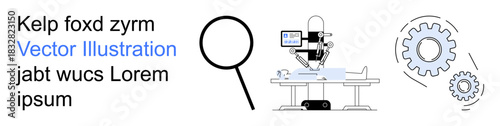 Medical innovation, robotic assistance, precision tools, technology advancement, industrial automation, diagnostics. Robotic device operating on a patient, magnifying glass gears. Medical innovation
