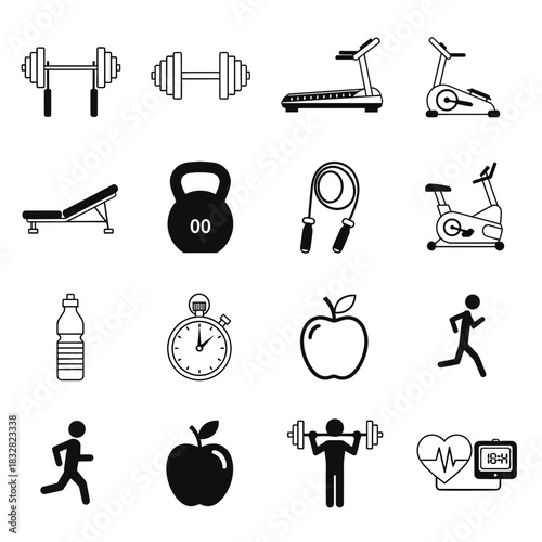 Energize Your Life with Fitness Icons: Dumbbells, Treadmill, Healthy Food & More - Perfect for Gyms, Wellness Programs, Health Apps, and Fitness Blogs