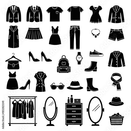 Stylish wardrobe essentials collection for fashion and apparel projects, featuring clothing, shoes, accessories, and furniture, ideal for designers and stylists