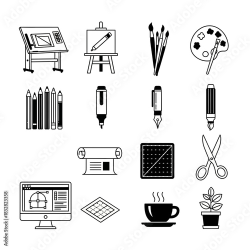 Elegant artistic tools and creative supplies showcase for designers, artists, and creative professionals, originally a scalable vector graphic, now in PNG
