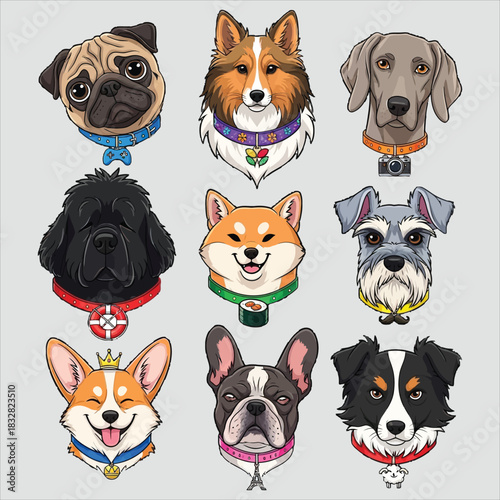 Collection of nine cute dog breed head illustrations