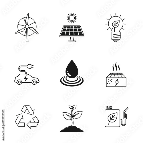 Sustainable living icons promoting eco-friendly lifestyle choices and renewable energy sources, perfect for green initiatives and environmental awareness campaigns