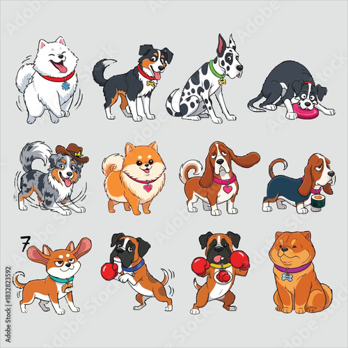 Collection of twelve cute cartoon dog breeds