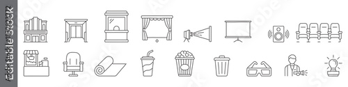 Cinema, movie theater and entertainment line icon set – editable outline symbols of ticket counter, popcorn, screen, seat, 3D glasses and drink