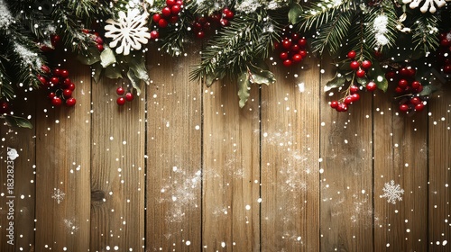 Rustic wooden background decorated with snowy fir branch, red berry, and snowflake border for christmas holiday