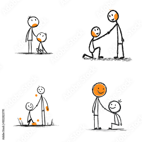 Simple stick figure illustration showing kindness empathy and support where one person helps another stand up symbolizing care friendship encouragement and emotional strength.