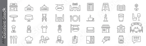 Cafe, restaurant and bistro line icon set – editable outline symbols of menu, table, chef, bill, tips, dining and feedback