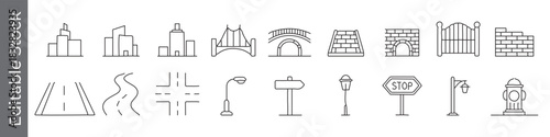City, road and urban infrastructure line icon set – editable outline symbols of building, bridge, street, lamp, stop sign and hydrant