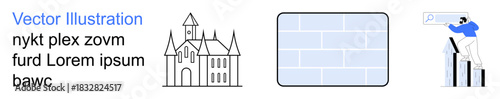 Architecture, technology, research, education, medieval history, progress. Detailed castle, bricks person interacting with search. Architecture and technology concepts
