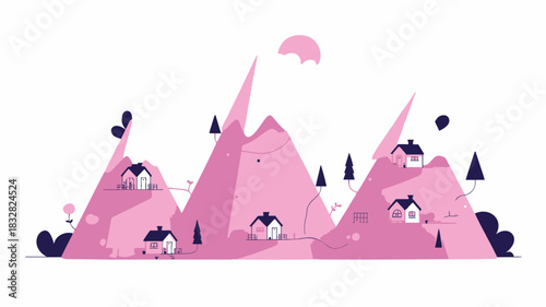 Charming minimalist illustration of a whimsical pink mountain range dotted with small houses trees and abstract shapes under a stylized sun and a balloon
