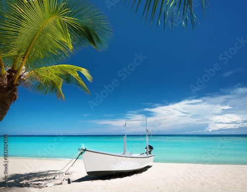 White boat on sandy beach with palm