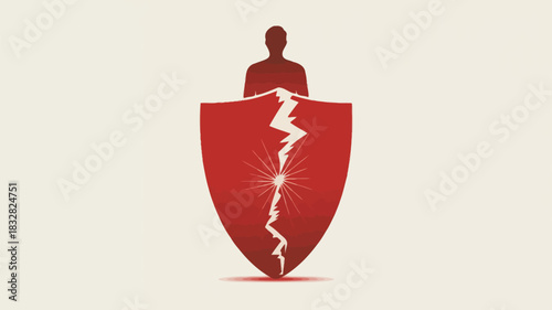 Symbolic illustration of a fractured shield with a silhouette of a person behind it representing vulnerability and broken protection against adversity