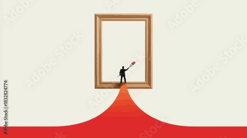 A solitary artist in silhouette stands within a wooden frame painting a vibrant red path forward with a large brush symbolizing creation and new beginnings