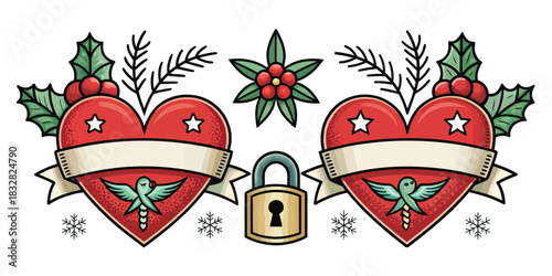 Christmas hearts with ribbons and lock surrounded by holly 2026