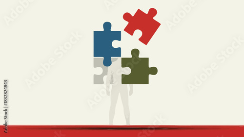 Abstract representation of a person formed by four colorful puzzle pieces symbolizing integration teamwork and problem solving with a red stripe at the bottom