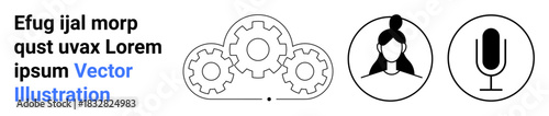 Workflow tools, personal profile, podcasting, user interface, media creation, settings management. Gears, a female profile and a microphone icon. Workflow and podcasting icons for modern