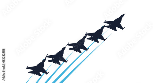 A silhouette of five military fighter jets flying in a steep diagonal formation leaving blue trails against a white sky.