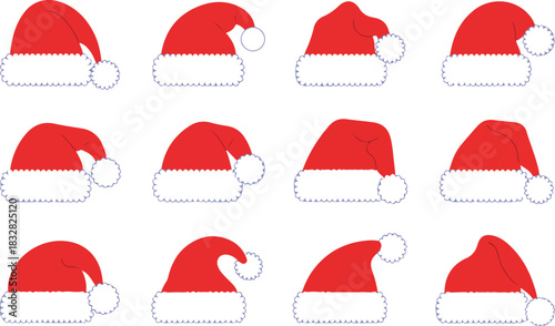Collection of red Santa hats with white trim christmas
