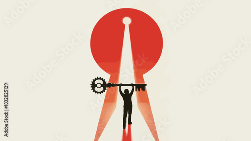 Silhouette of a person holding a large ornate key above their head in front of a glowing red keyhole symbolizing opportunity and access