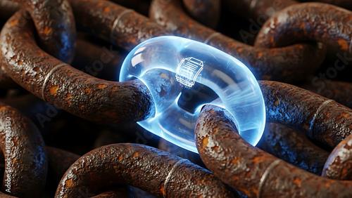 Blockchain concept with glowing digital data link in old rusty metal chain.