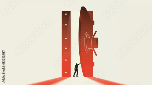 A lone silhouette stands before a massive open vault door bathed in light symbolizing opportunity access and the unknown