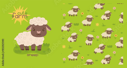 Delightful vector illustration featuring a charming pattern of adorable cartoon sheep on a bright green background. Perfect for children s designs, fabrics, textiles and farm-themed projects.