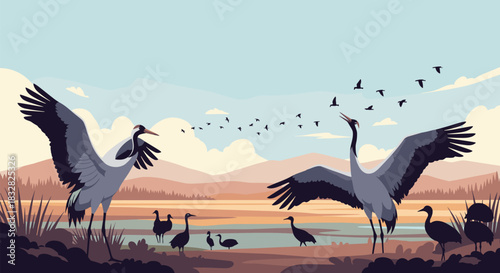 Majestic gray cranes with spread wings stand in a tranquil marshland during a beautiful sunrise with smaller birds flying overhead.