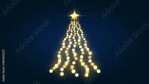 Christmas tree with gold shining star and lights on dark navy background