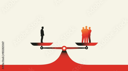 A single person is weighed against a group of three people on a balanced scale symbolizing inequality disparity or the concept of one versus many