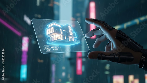 Cyborg hand interacting with holographic modern house, verified owner display