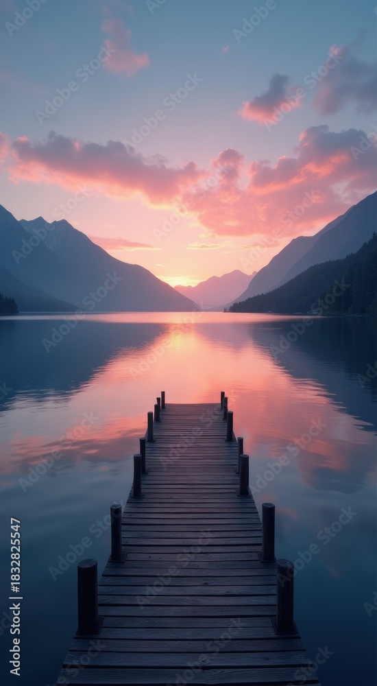 Fototapeta premium Dock on a lake with mountains in the background