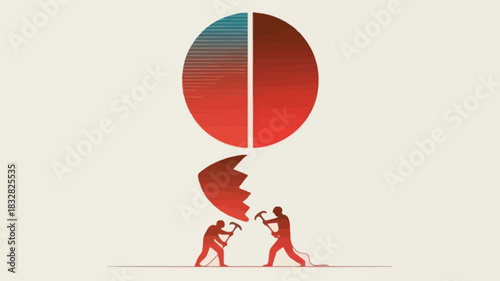 Two silhouetted figures with pickaxes work to break apart a large cracked red and blue oval shape symbolizing a challenging task or project