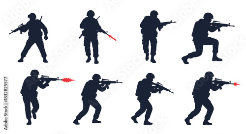 A set of eight detailed silhouettes of a soldier in various combat stances including aiming and firing an assault rifle.