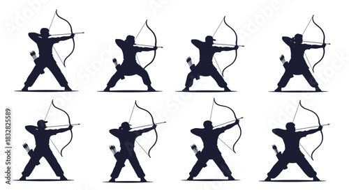 A collection of eight dark silhouettes of a skilled archer in various dynamic poses drawing a bow and aiming an arrow at a target.
