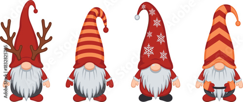 Cute vector Christmas gnomes with long beards, red hats, and festive patterns, ideal for holiday decoration, winter greeting cards, and season graphics