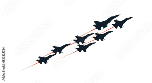 A vector illustration of a squadron of seven military fighter jets flying in a tight V-formation leaving red vapor trails.
