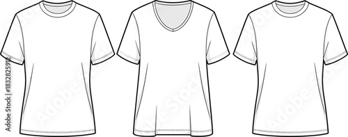 Fashion flat sketch of basic t-shirts in round neck and V-neck styles Keywords: t-shirt, tee, shirt, top, apparel, clothing